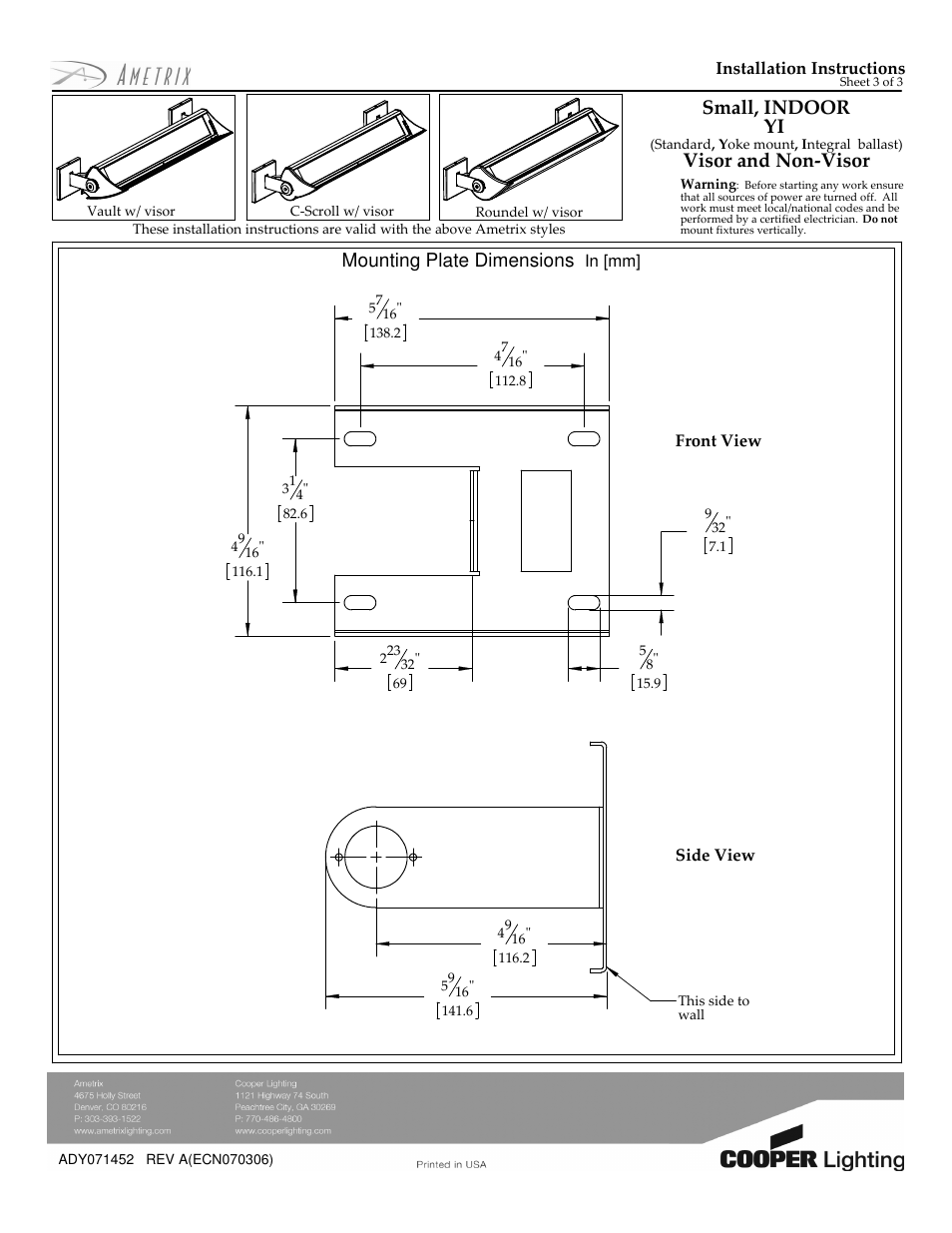 Mounting plate dimensions, Small, indoor yi, Visor and non-visor | Cooper Lighting ADY071452 User Manual | Page 3 / 3