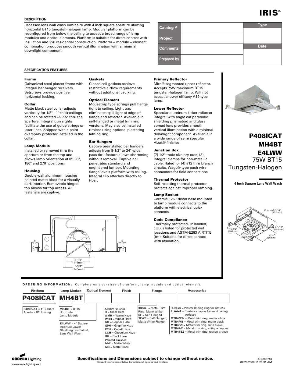 Cooper Lighting MH4BT User Manual | 2 pages