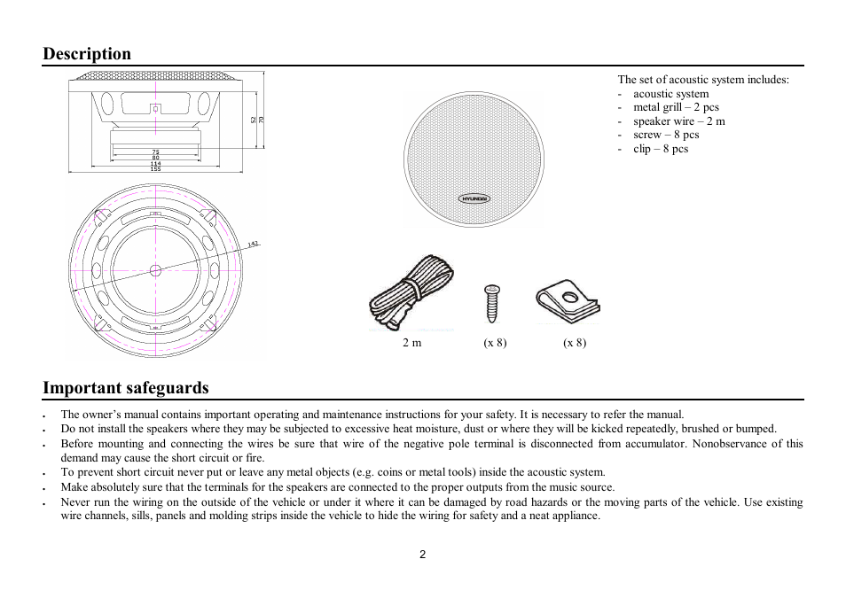 Description, Important safeguards | Hyundai H-CSB502 User Manual | Page 2 / 11