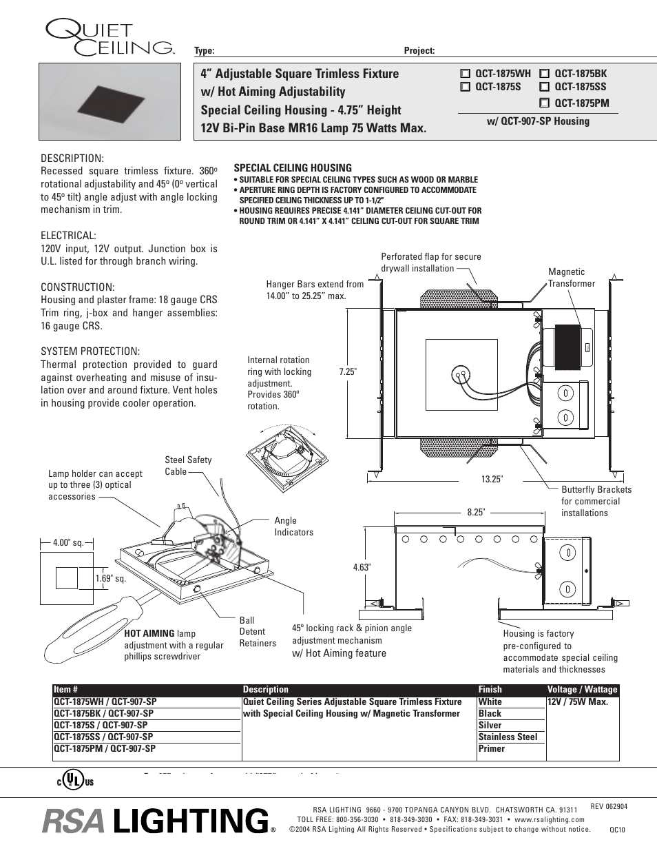 Cooper Lighting w/QCT-907-SP User Manual | 1 page