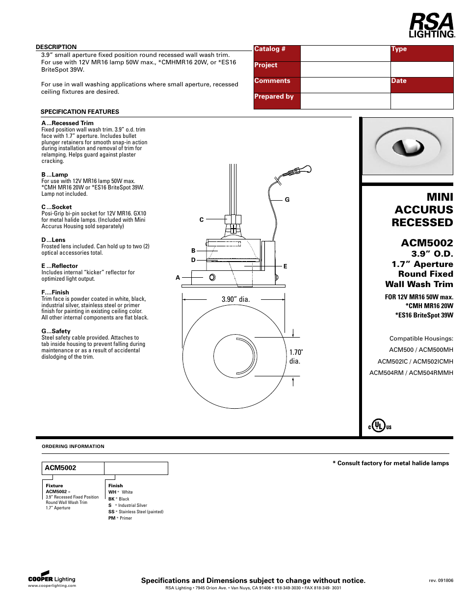 Cooper Lighting ACM5002 User Manual | 1 page