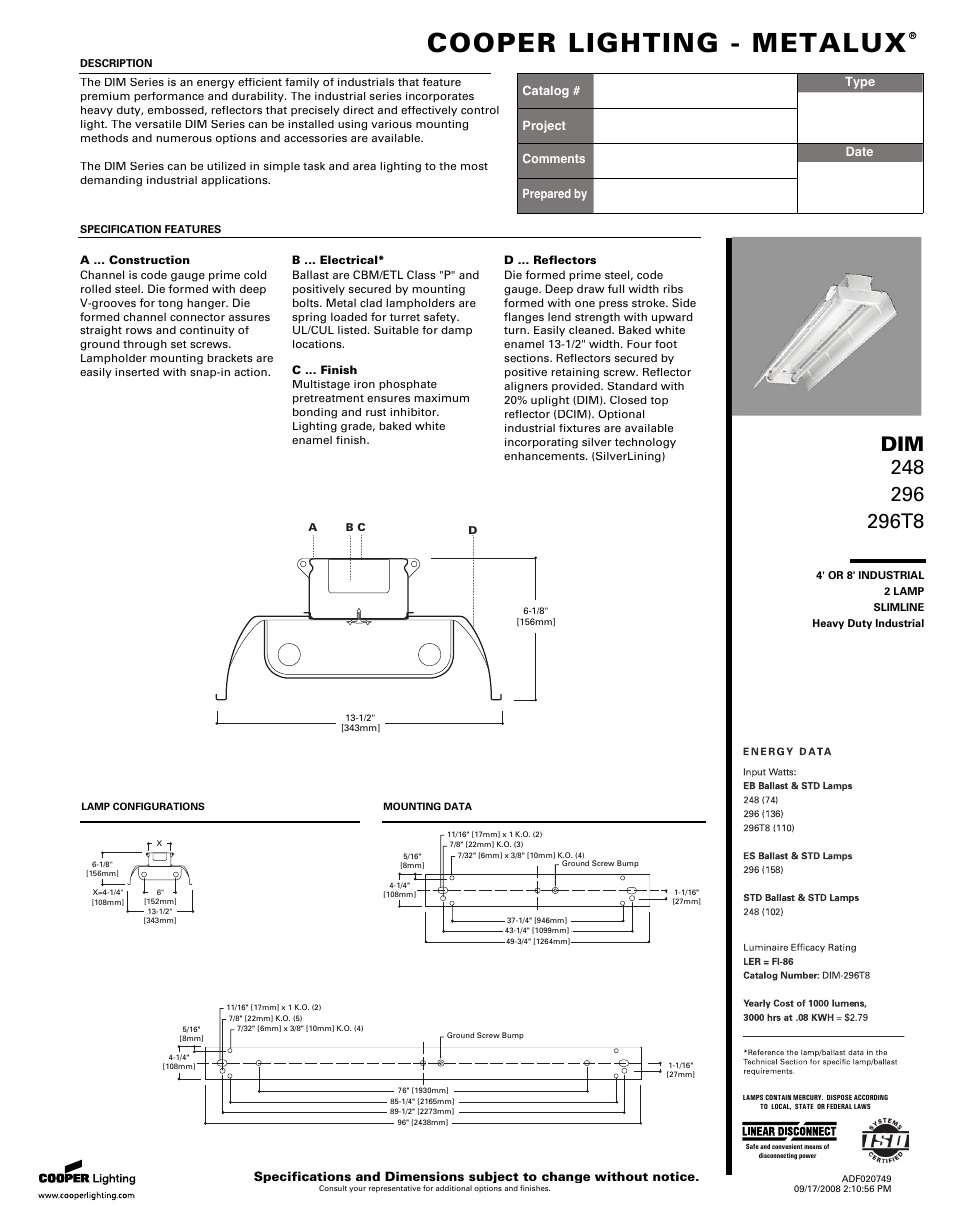 Cooper Lighting 296 User Manual | 2 pages