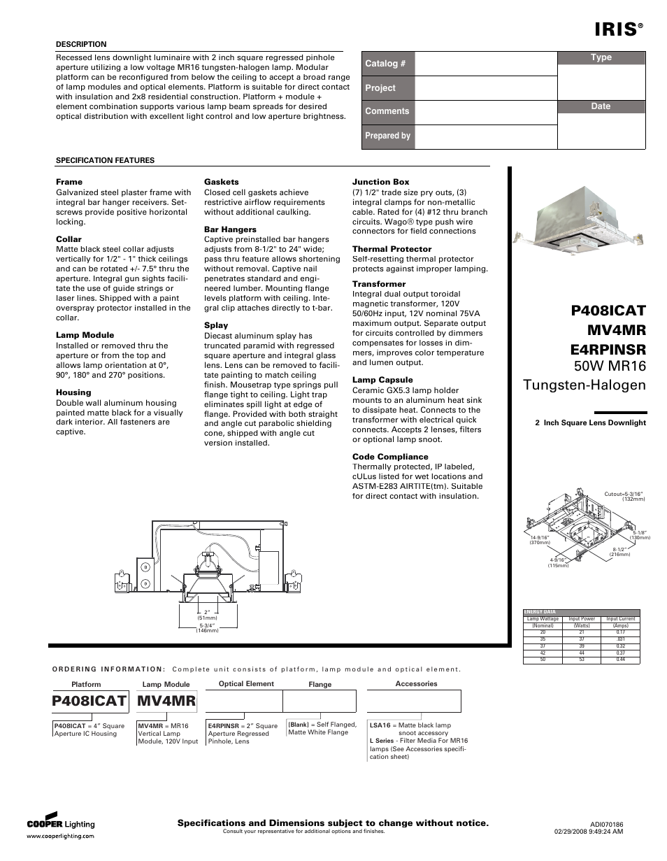 Cooper Lighting Iris MV4MR User Manual | 2 pages