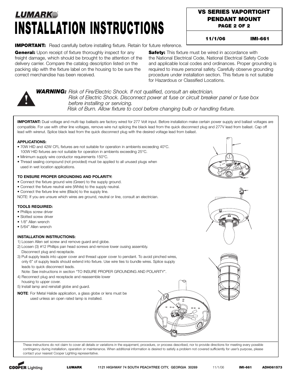Installation instructions, Vs series vaportight pendant mount, Warning | Cooper Lighting VS Series User Manual | Page 2 / 2