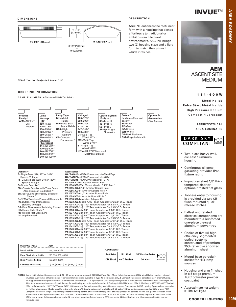 Invue, Aem ascent site medium, Area roadw a y | Cooper Lighting Invue 42 - 175W User Manual | Page 2 / 2