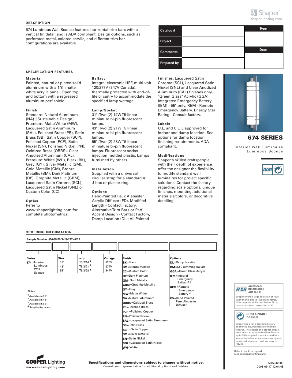 Cooper Lighting 674 Series User Manual | 2 pages