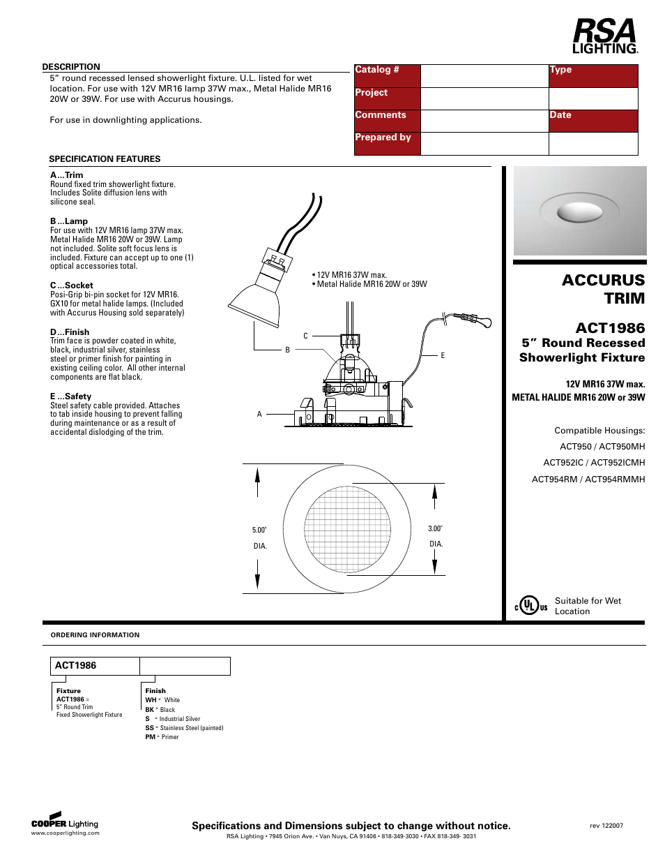 Cooper Lighting ACT1986 User Manual | 1 page