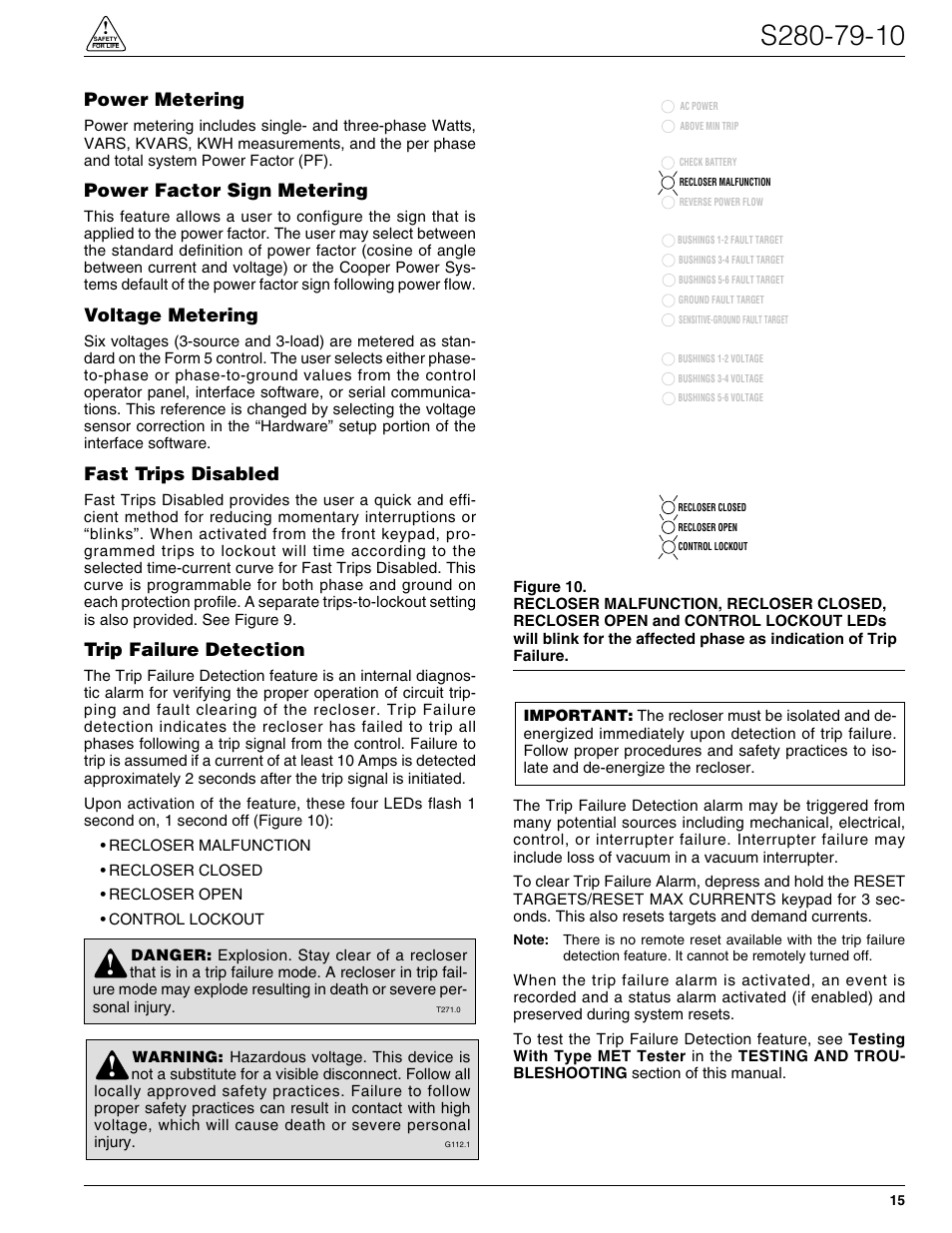 Power metering, Power factor sign metering, Voltage metering | Fast trips disabled, Trip failure detection | Cooper Lighting S280-79-10 User Manual | Page 15 / 56