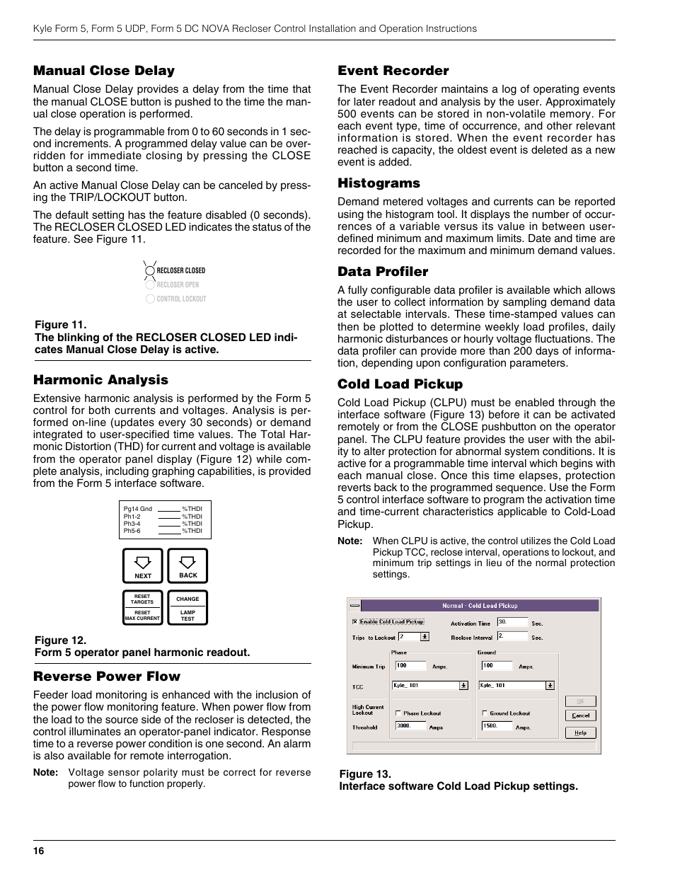 Manual close delay, Harmonic analysis, Reverse power flow | Event recorder, Histograms, Data profiler, Cold load pickup | Cooper Lighting S280-79-10 User Manual | Page 16 / 56