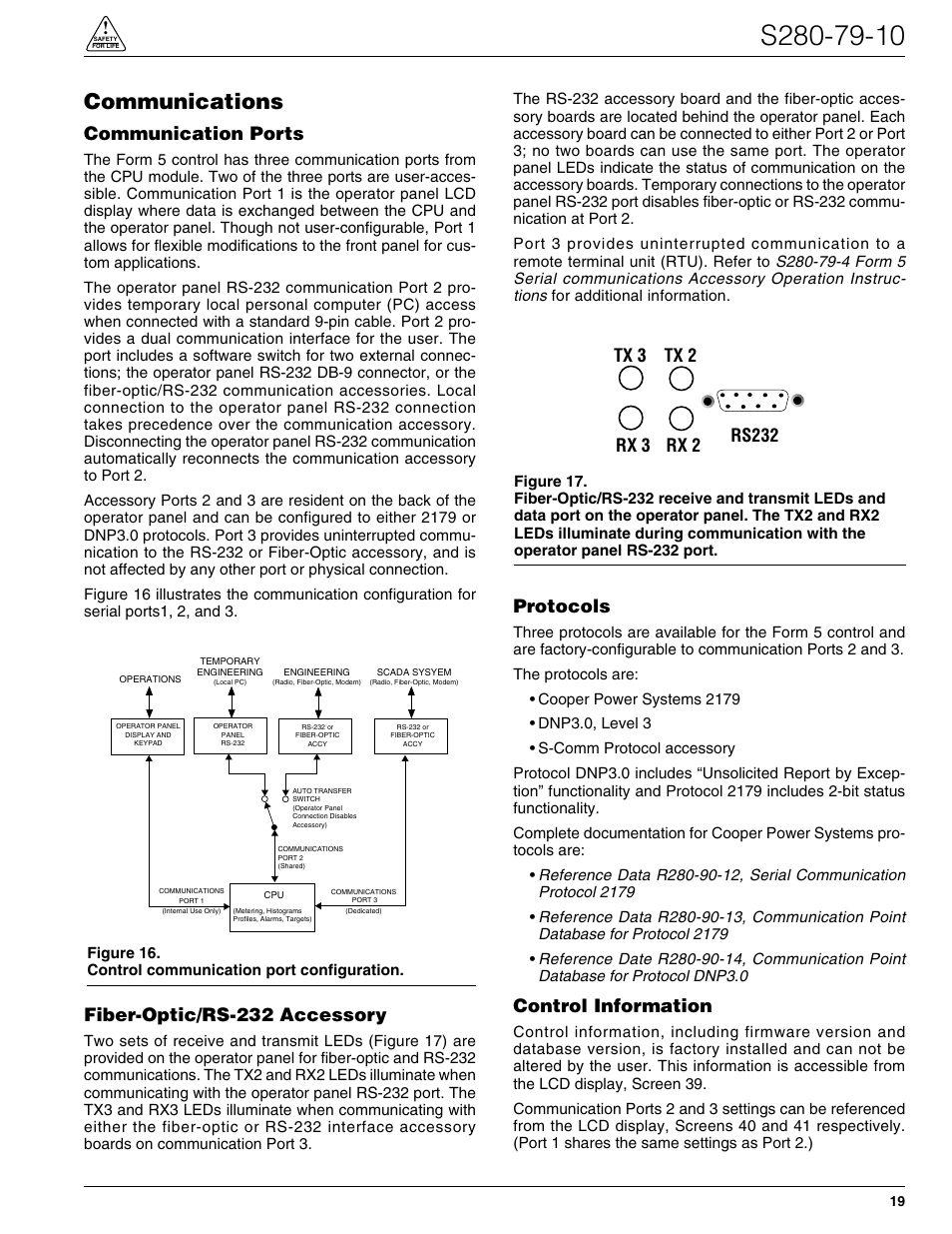 Communications, Communication ports, Fiber-optic/rs-232 accessory | Protocols, Control information | Cooper Lighting S280-79-10 User Manual | Page 19 / 56