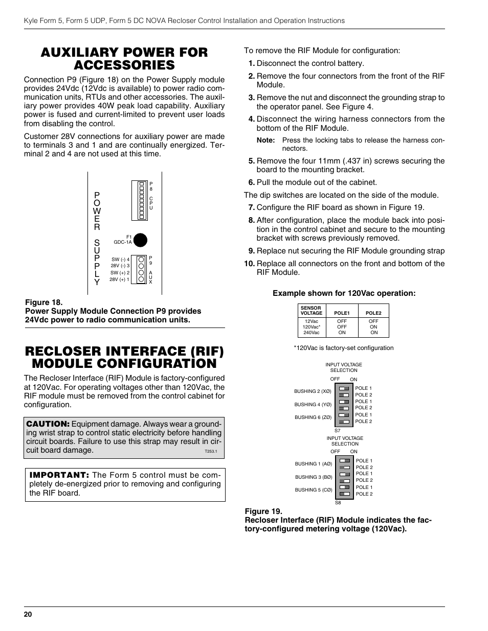 Auxiliary power for accessories, Recloser interface (rif) module configuration | Cooper Lighting S280-79-10 User Manual | Page 20 / 56