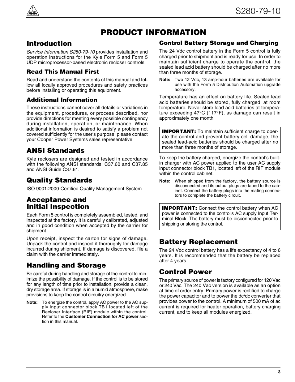 Product information, Introduction, Ansi standards | Quality standards, Acceptance and initial inspection, Handling and storage, Battery replacement, Control power | Cooper Lighting S280-79-10 User Manual | Page 3 / 56