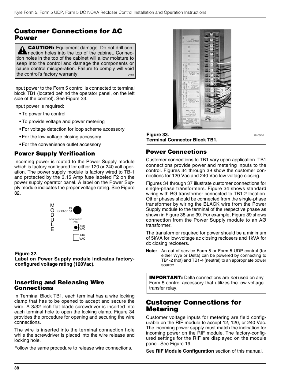 Customer connections for ac power, Customer connections for metering, Power supply verification | Inserting and releasing wire connections, Power connections | Cooper Lighting S280-79-10 User Manual | Page 38 / 56