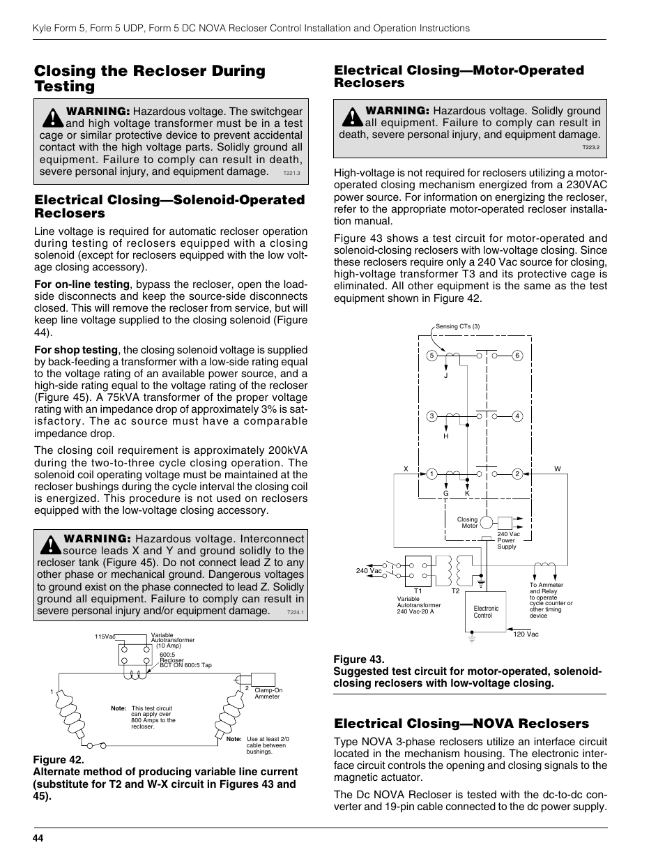 Closing the recloser during testing, Electrical closing—solenoid-operated reclosers, Electrical closing—motor-operated reclosers | Electrical closing—nova reclosers | Cooper Lighting S280-79-10 User Manual | Page 44 / 56