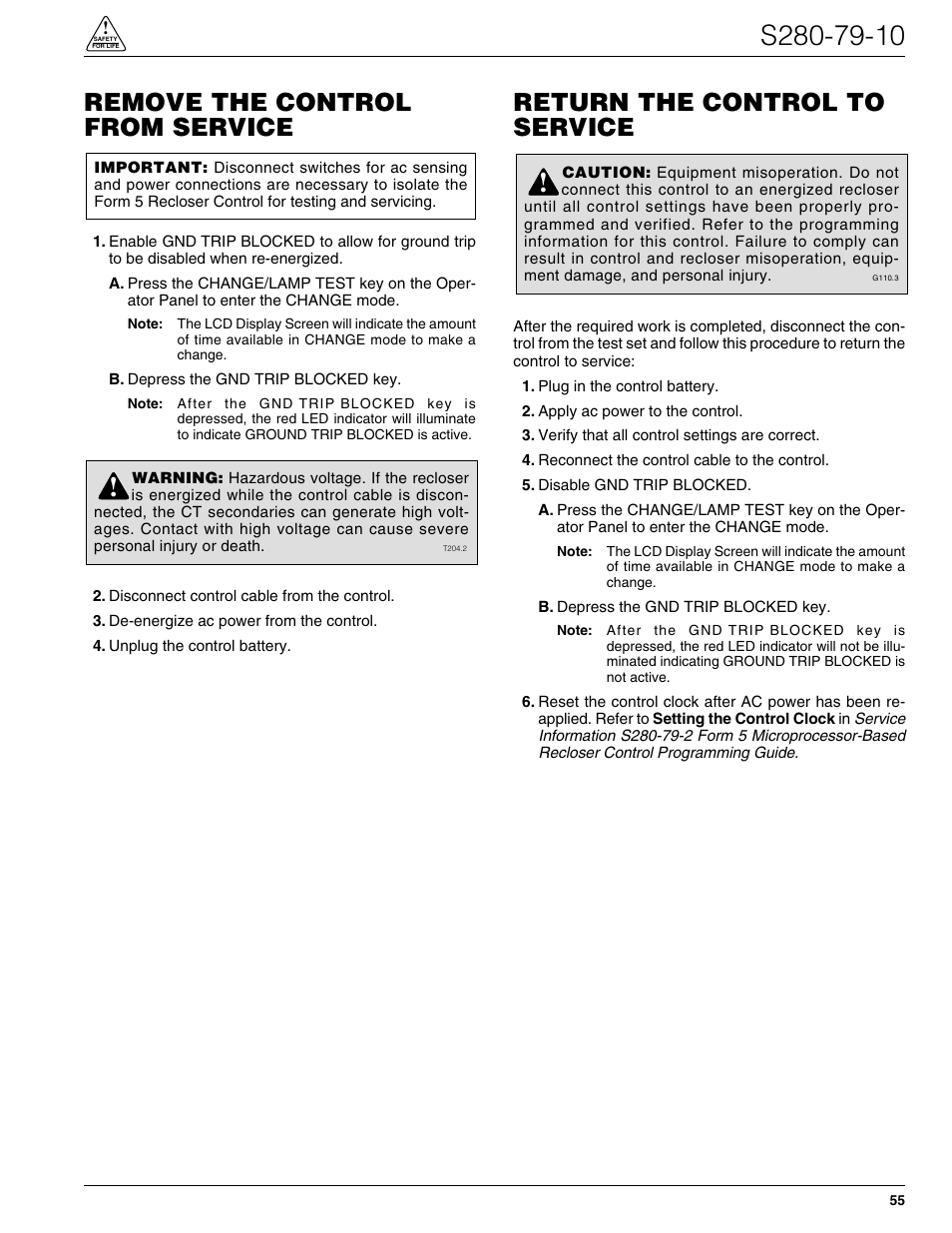 Remove the control from service, Return the control to service | Cooper Lighting S280-79-10 User Manual | Page 55 / 56