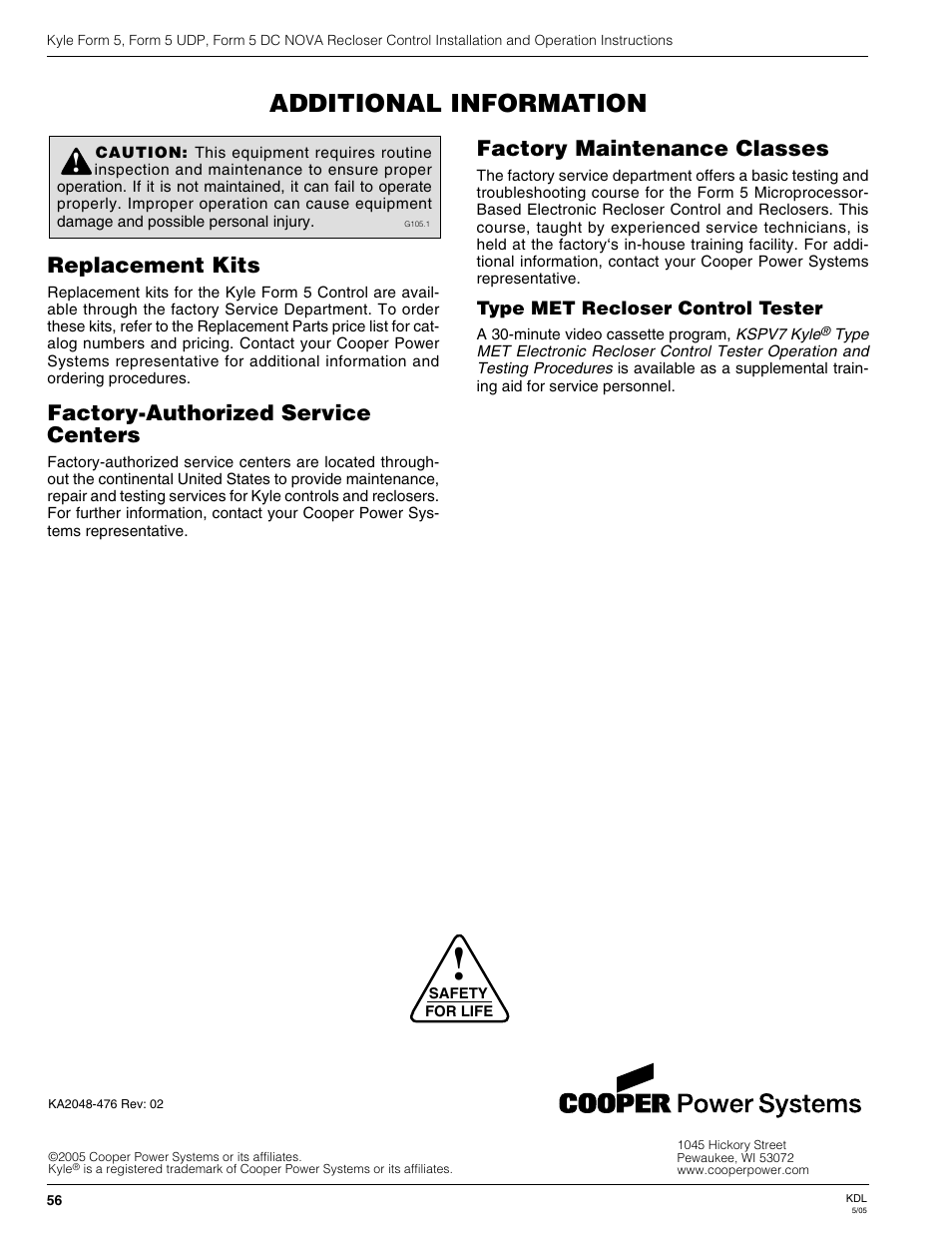 Additional information, Replacement kits, Factory-authorized service centers | Factory maintenance classes | Cooper Lighting S280-79-10 User Manual | Page 56 / 56