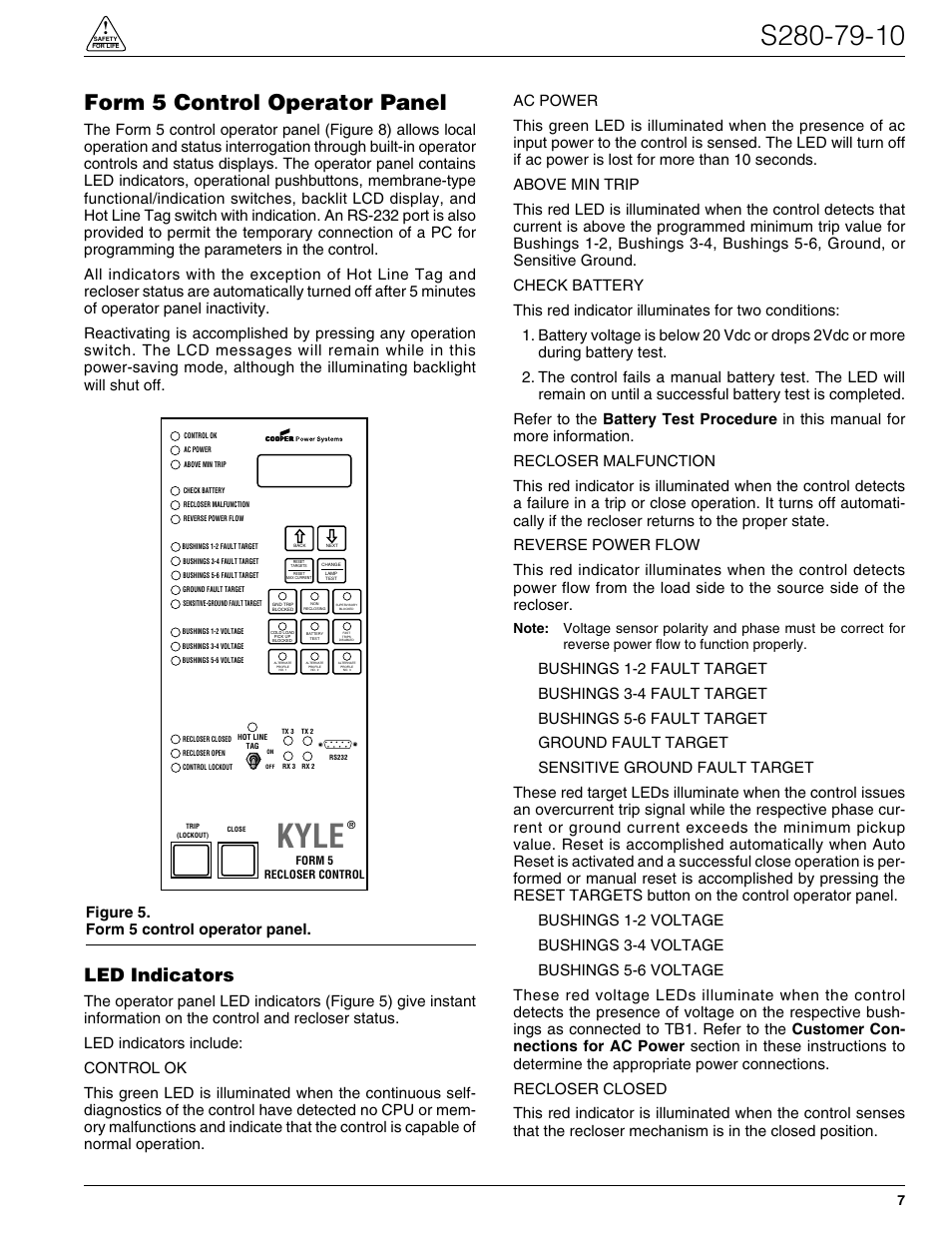 Kyle, Form 5 control operator panel, Led indicators | Figure 5. form 5 control operator panel | Cooper Lighting S280-79-10 User Manual | Page 7 / 56