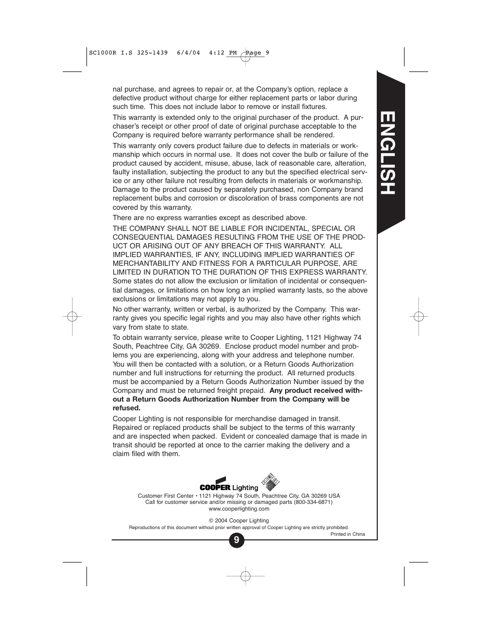 English | Cooper Lighting SC1000R User Manual | Page 9 / 28