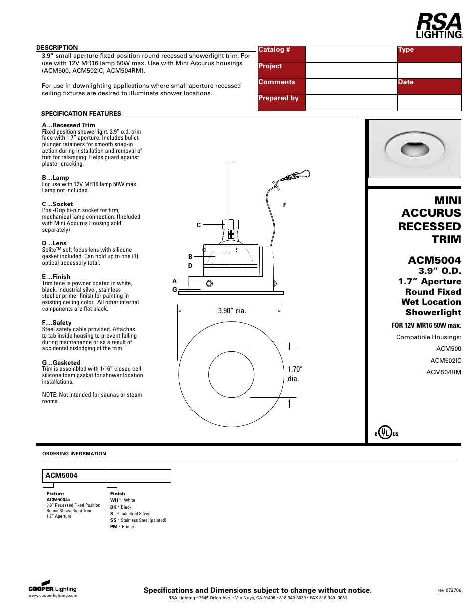 Cooper Lighting ACM5004 User Manual | 1 page