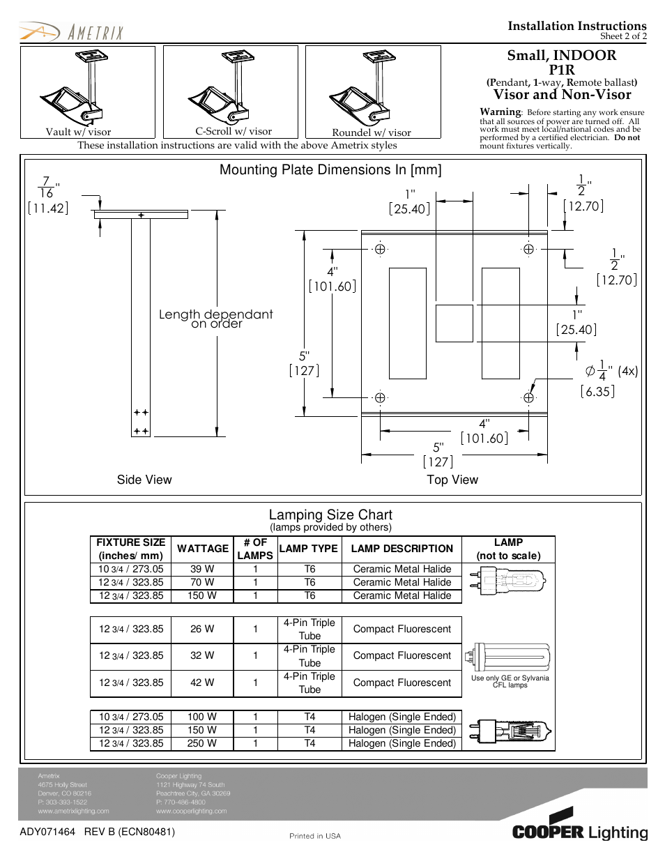 Lamping size chart, Small, indoor p1r | Cooper Lighting ADY071464 User Manual | Page 2 / 2