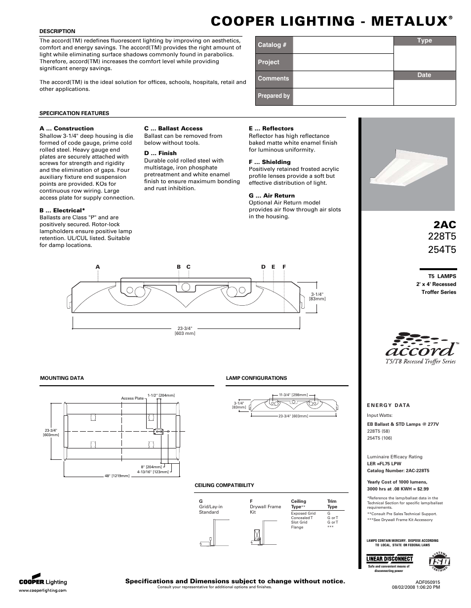 Cooper Lighting 254T5 User Manual | 2 pages