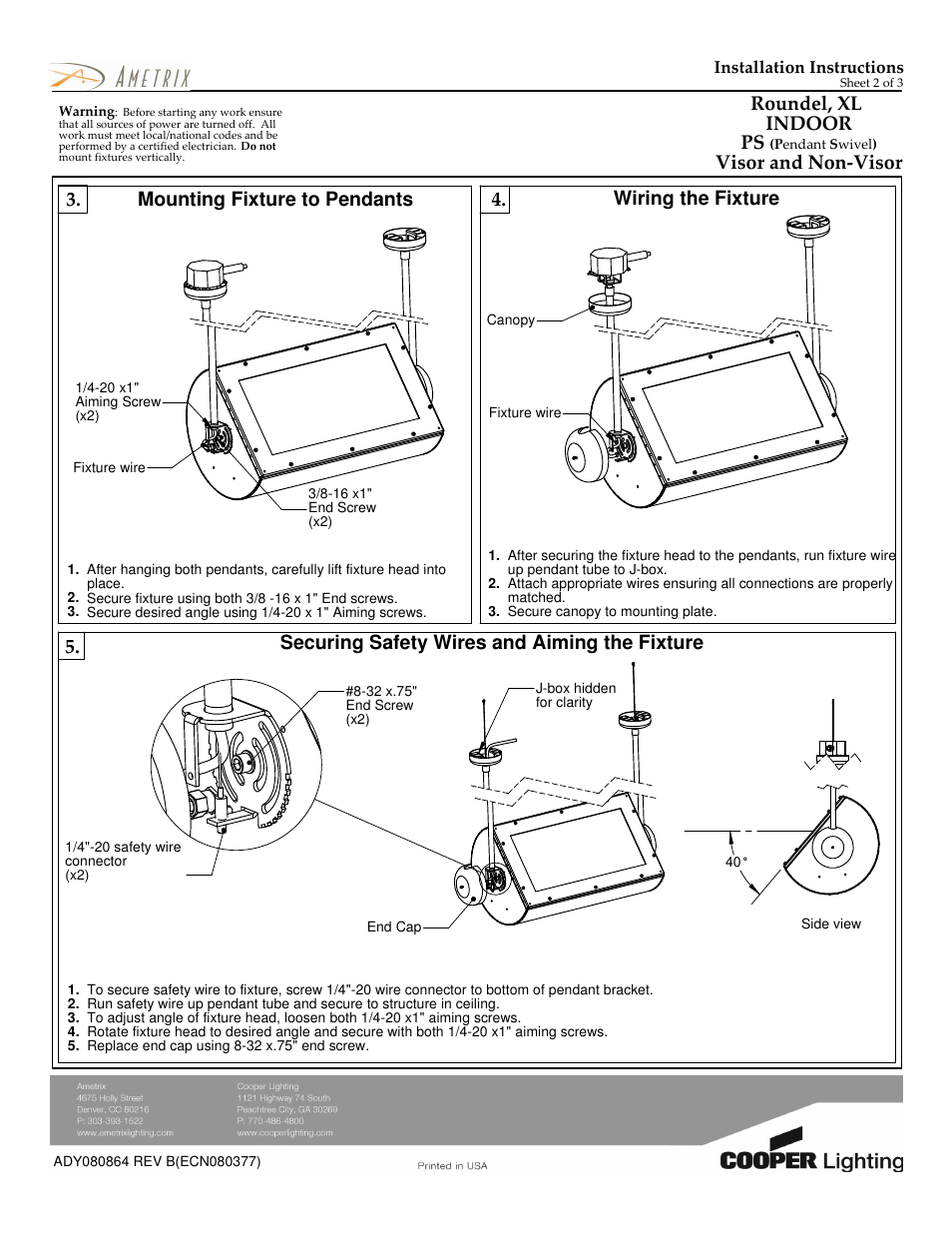 Roundel, xl indoor ps, Visor and non-visor, Wiring the fixture | Cooper Lighting ADY080864 User Manual | Page 2 / 3