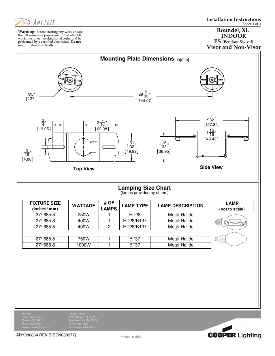 Mounting plate dimensions, Lamping size chart, Roundel, xl indoor ps | Visor and non-visor | Cooper Lighting ADY080864 User Manual | Page 3 / 3