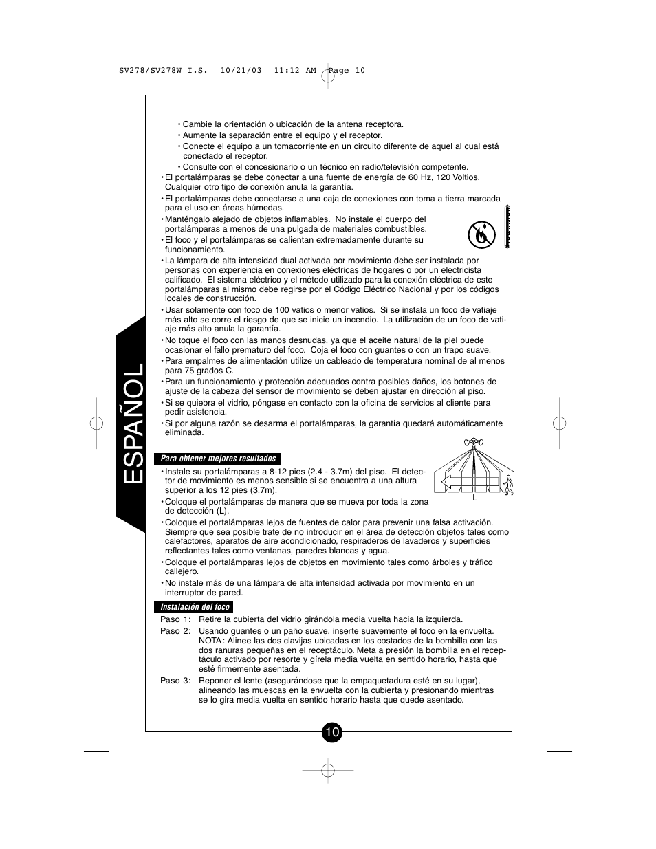 Es p añol | Cooper Lighting CSV278W User Manual | Page 10 / 24