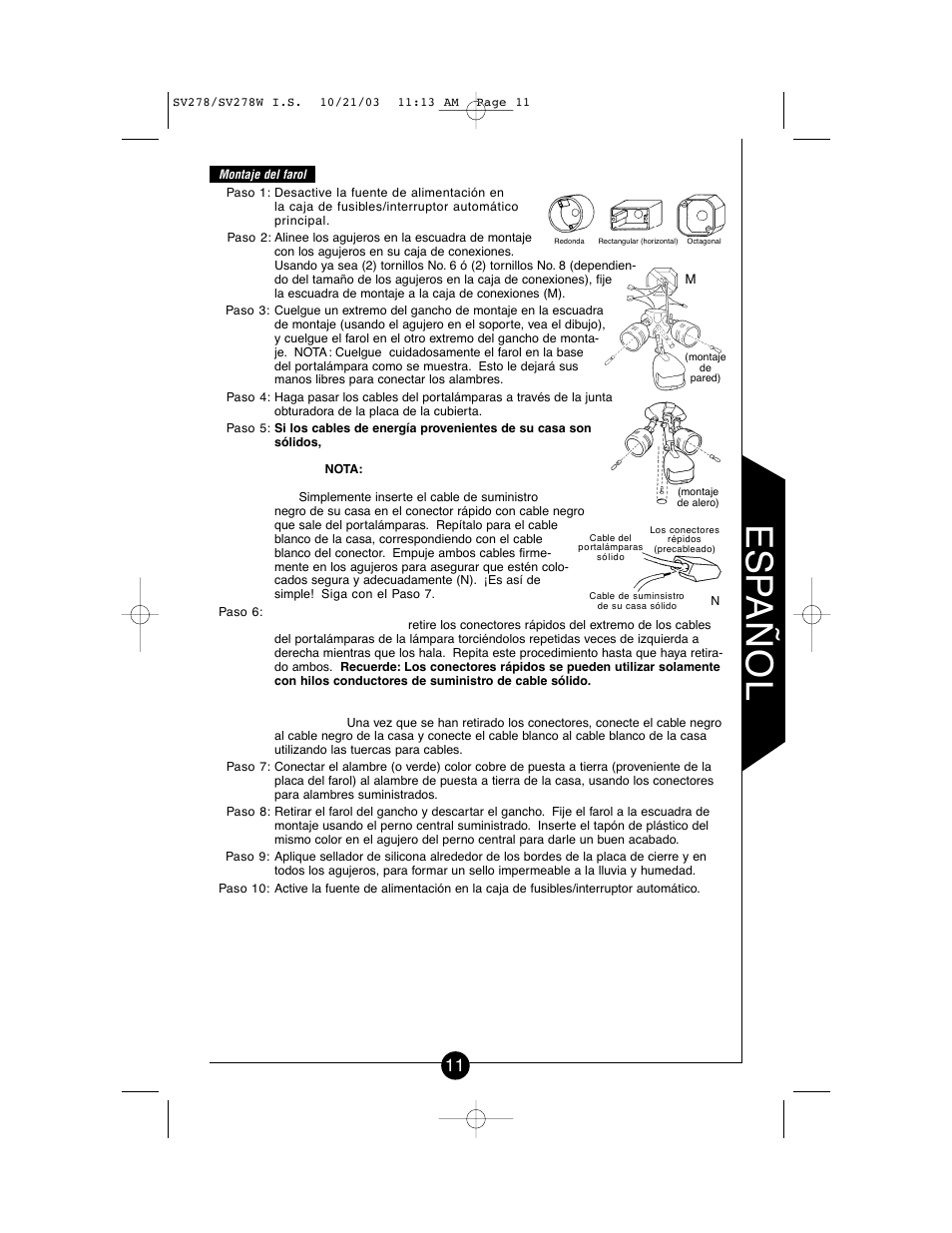 Es p añol | Cooper Lighting CSV278W User Manual | Page 11 / 24