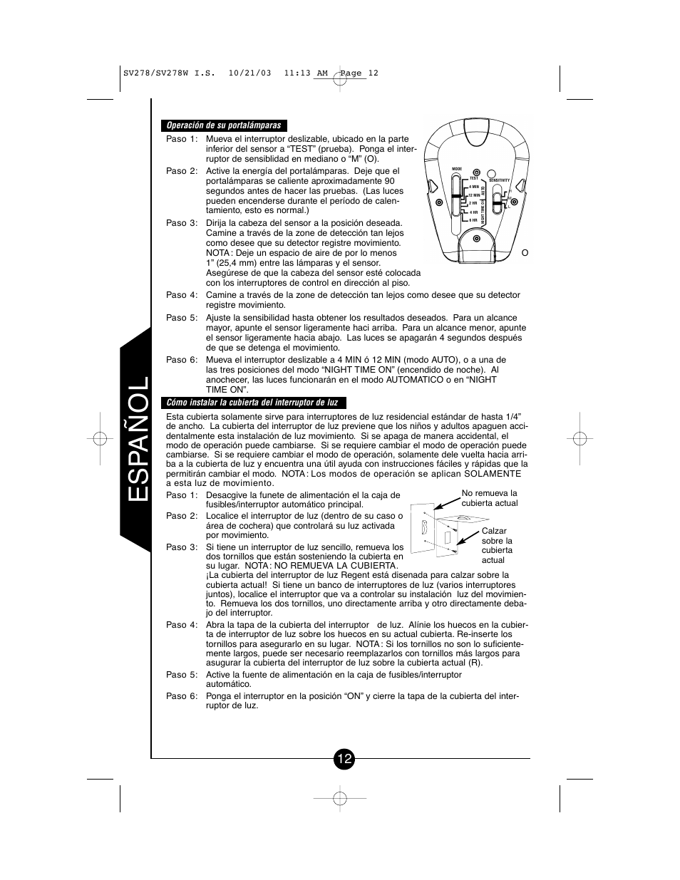 Es p añol | Cooper Lighting CSV278W User Manual | Page 12 / 24