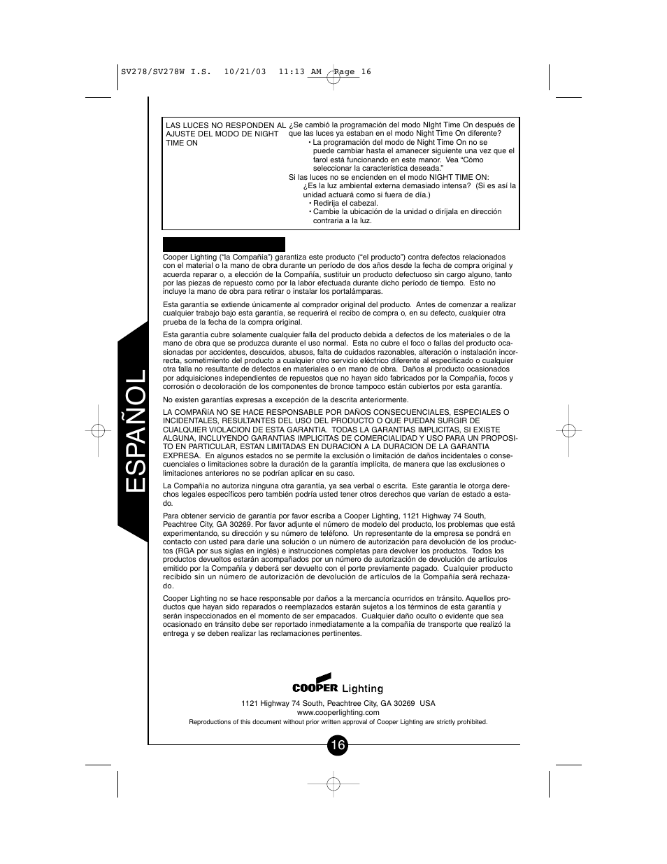 Es p añol | Cooper Lighting CSV278W User Manual | Page 16 / 24