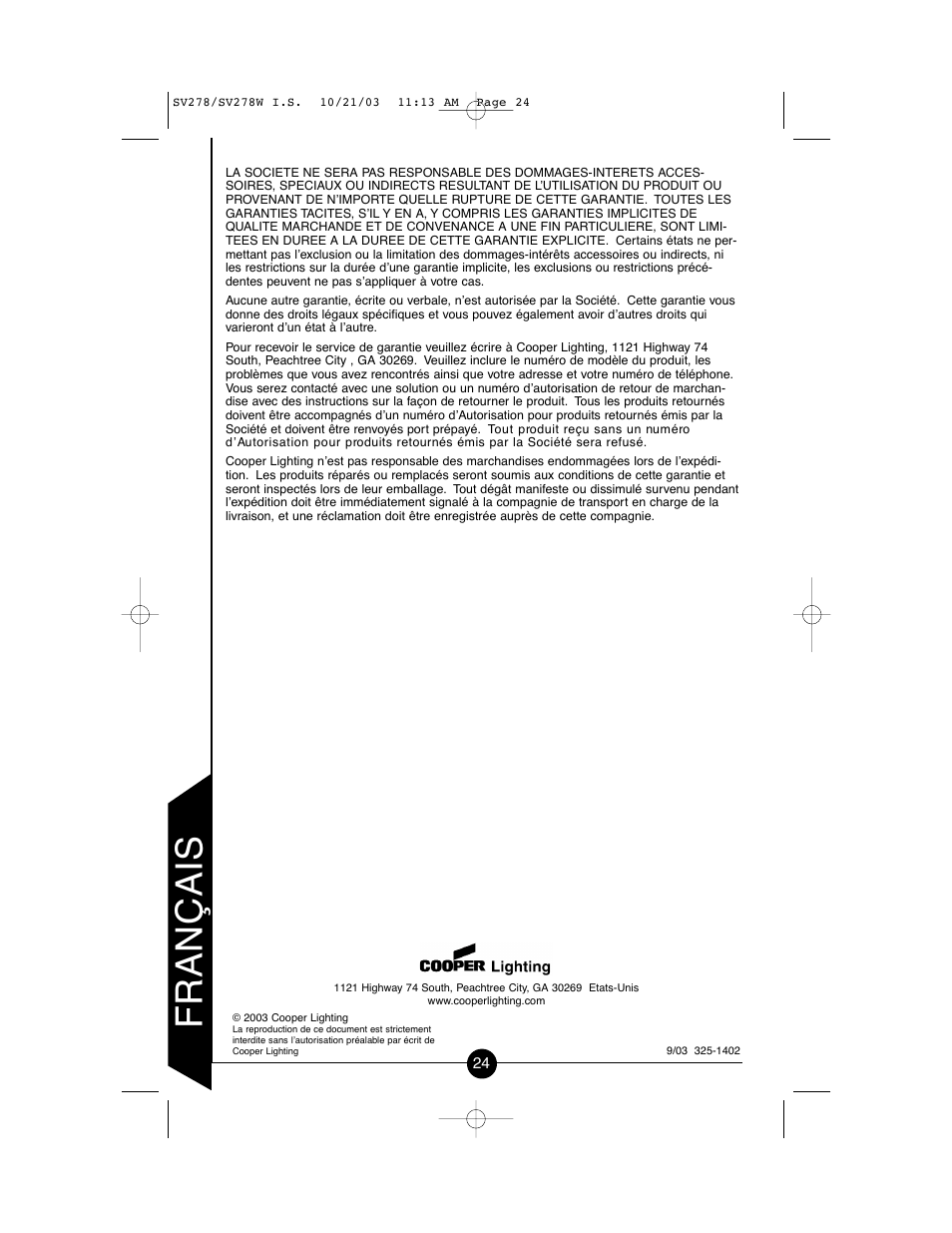 Français | Cooper Lighting CSV278W User Manual | Page 24 / 24