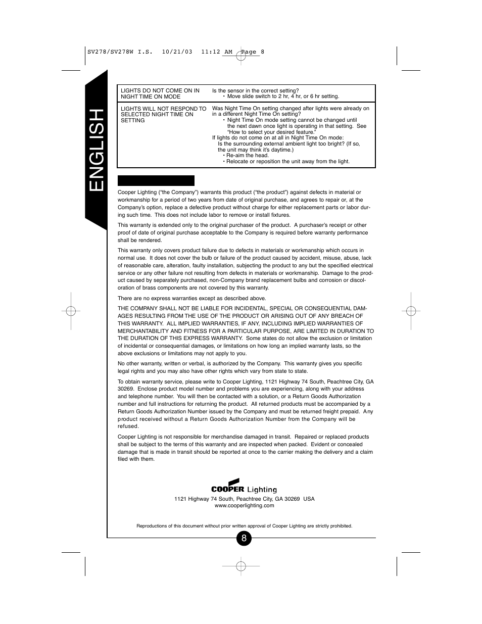 English | Cooper Lighting CSV278W User Manual | Page 8 / 24