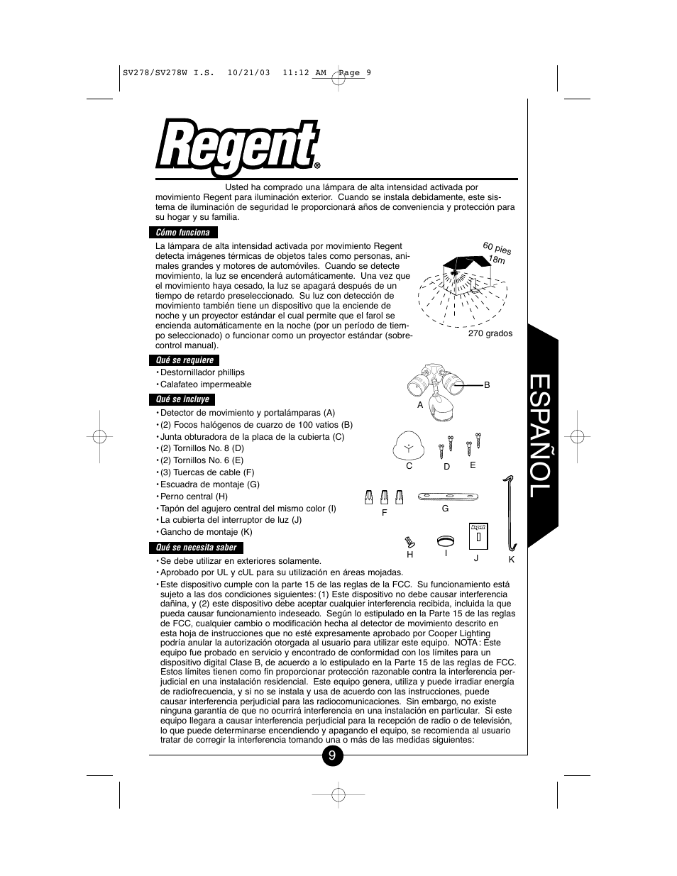 Es p añol | Cooper Lighting CSV278W User Manual | Page 9 / 24