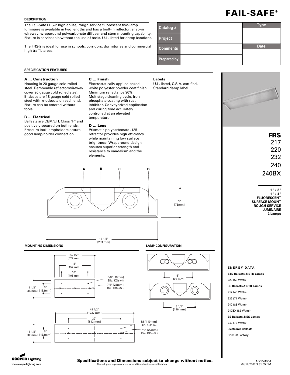 Cooper Lighting 232 User Manual | 2 pages