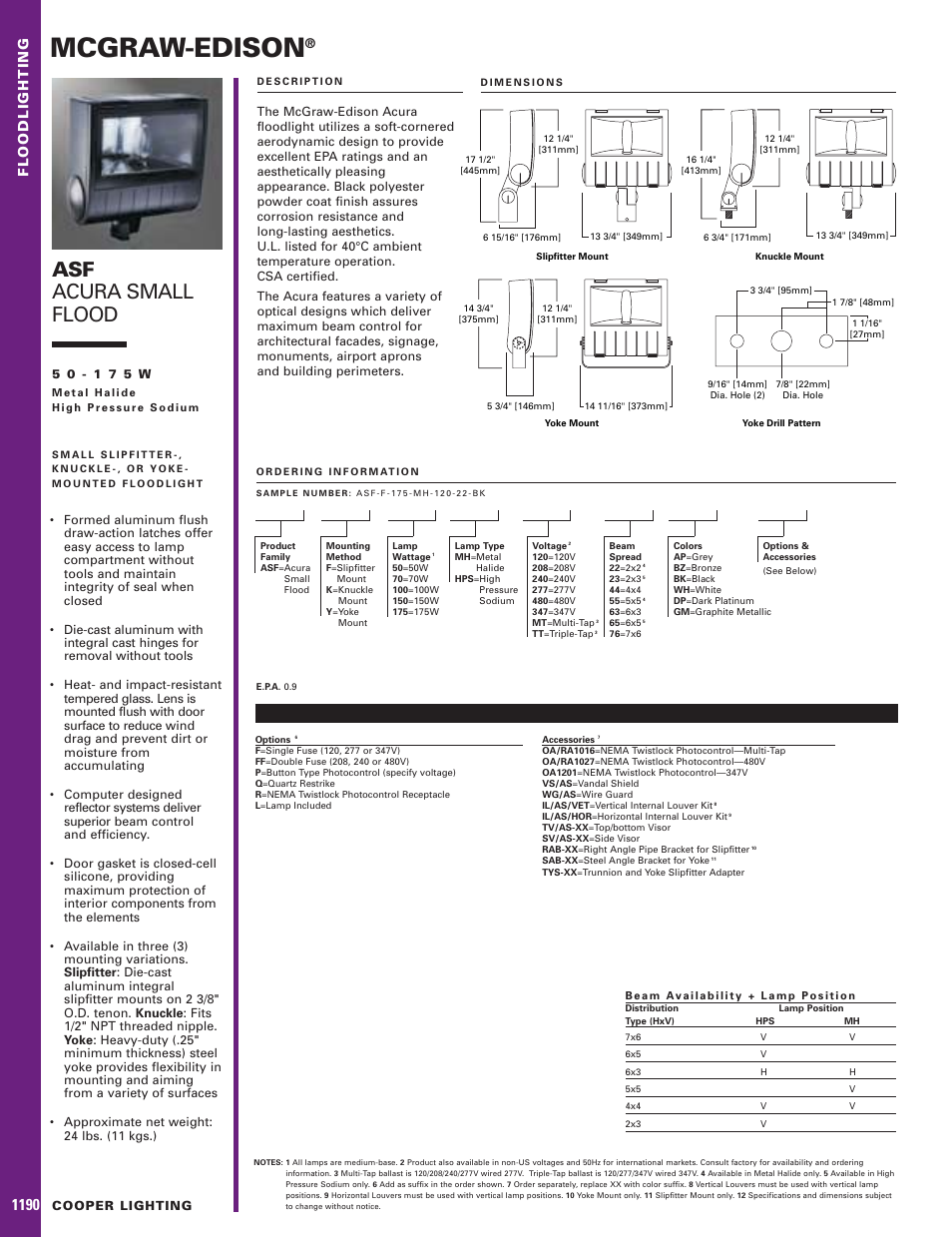 Cooper Lighting MCGRAW-EDISON ASF User Manual | 2 pages