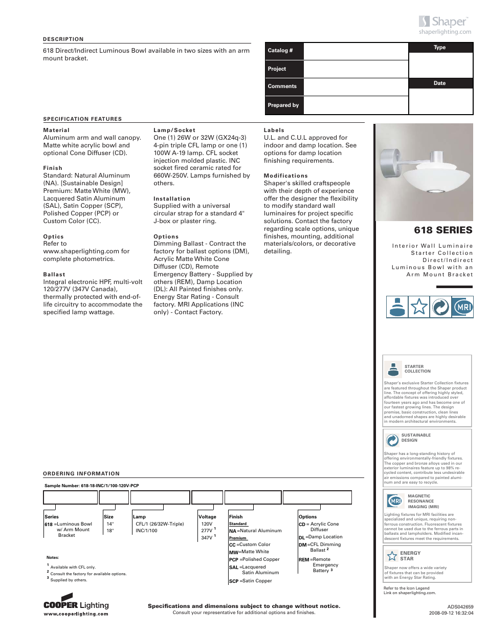Cooper Lighting 618 User Manual | 2 pages