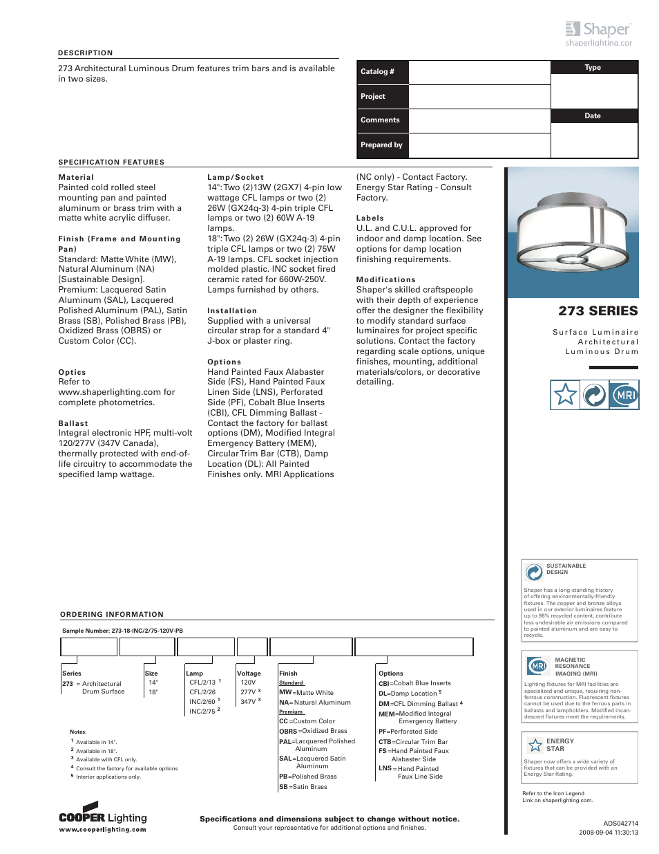 Cooper Lighting 273 User Manual | 2 pages