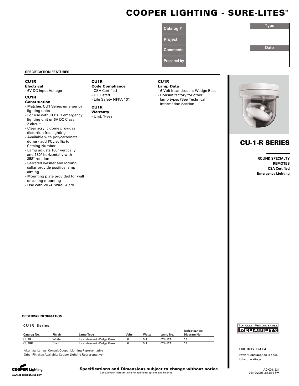 Cooper Lighting Sure-Lites CU-1-R Series User Manual | 2 pages