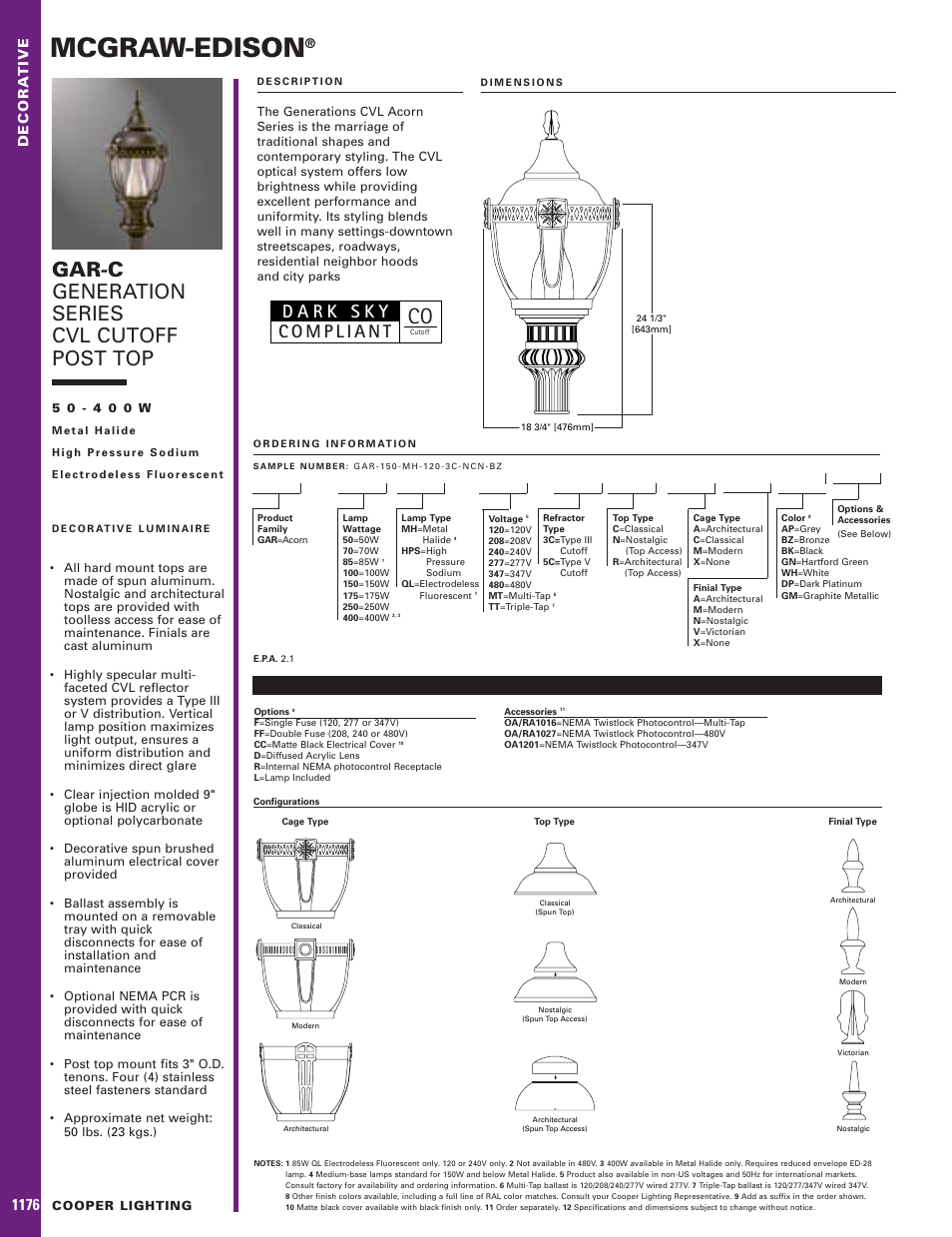 Cooper Lighting MCGRAW-EDISON GAR-C User Manual | 1 page