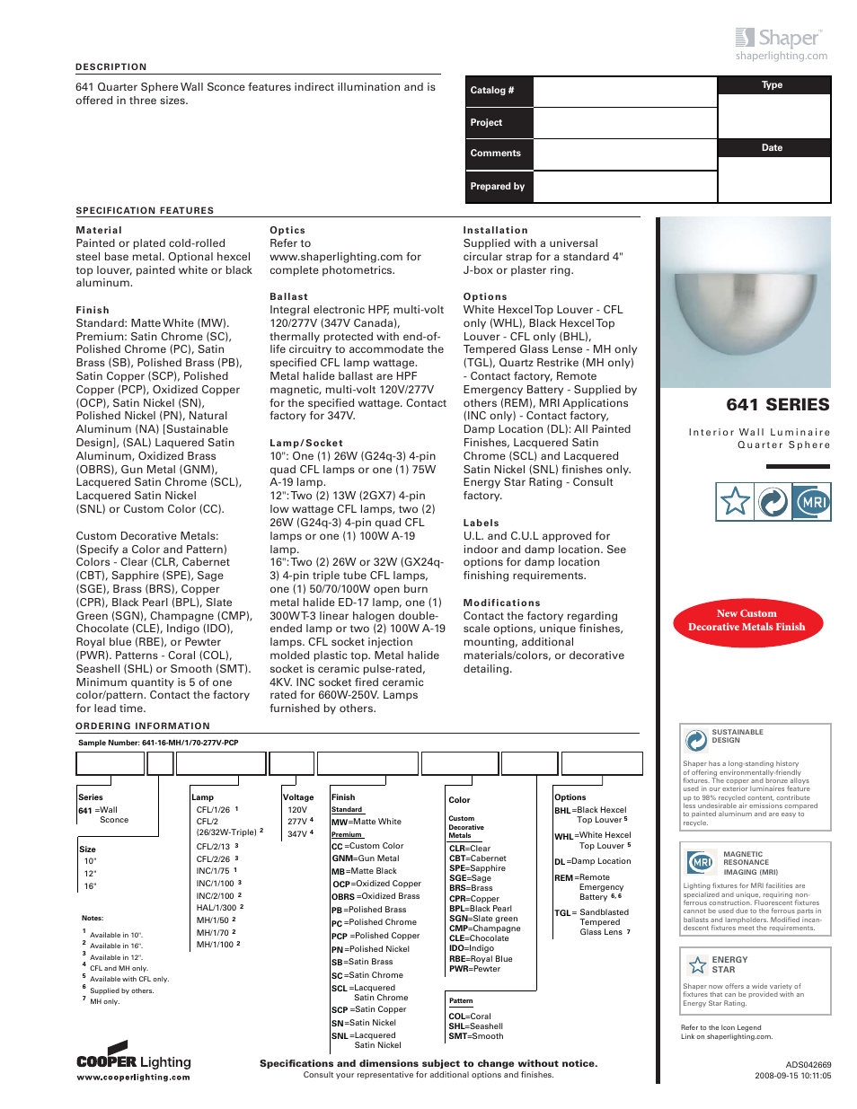 Cooper Lighting 641 Series User Manual | 2 pages