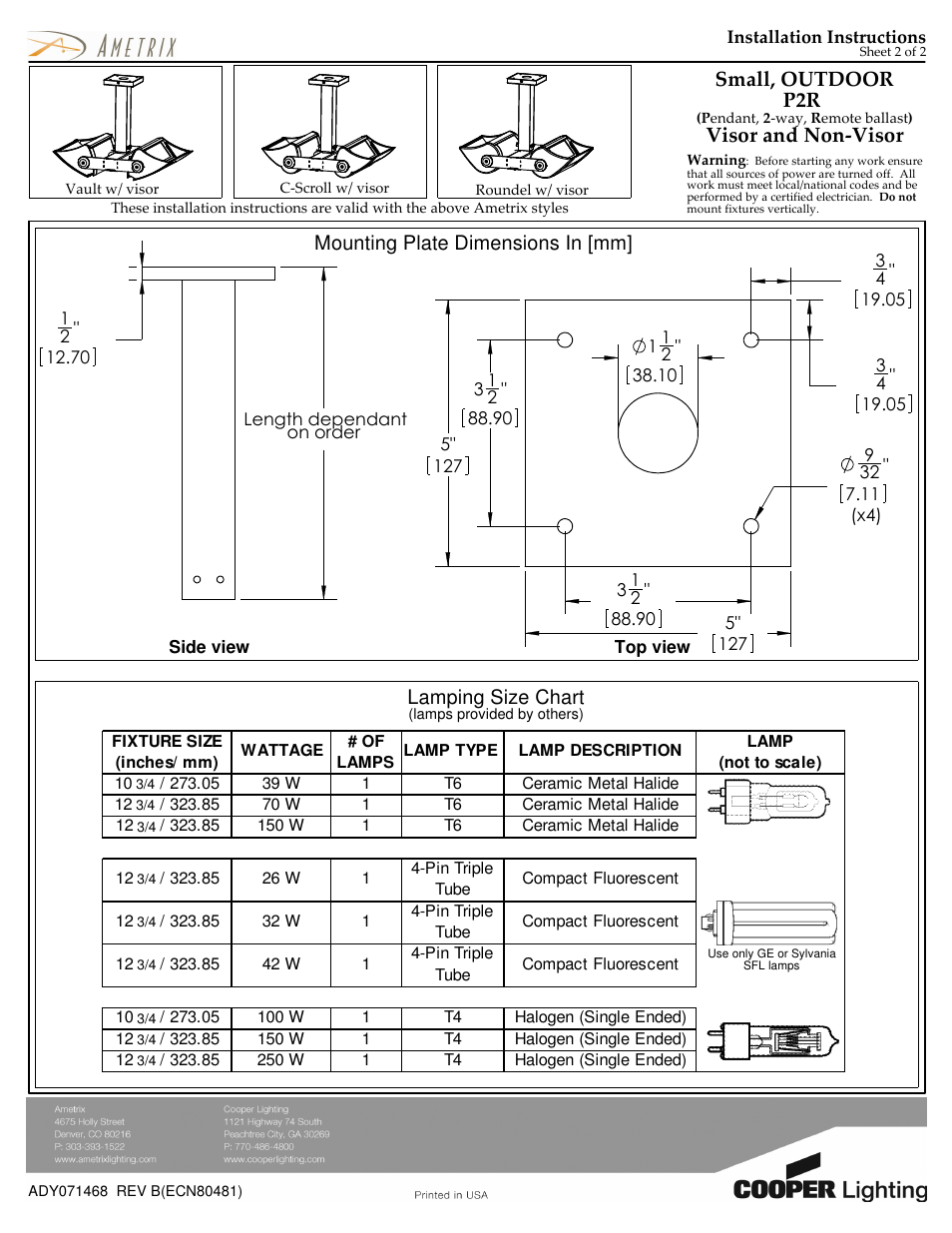 Small, outdoor p2r, Visor and non-visor | Cooper Lighting AMETRIX ADY071468 User Manual | Page 2 / 2