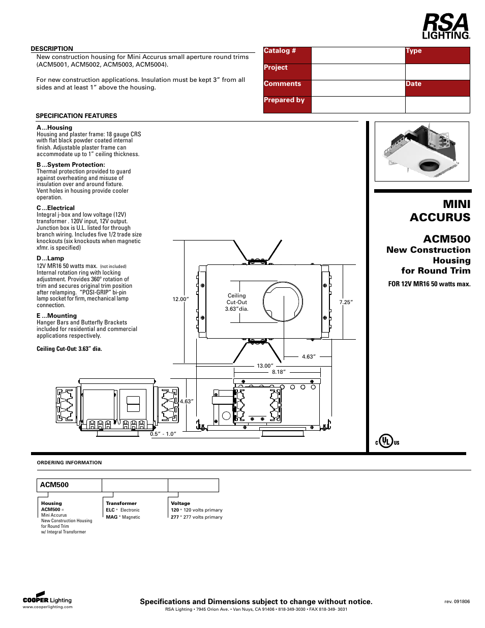 Cooper Lighting ACM500 User Manual | 1 page