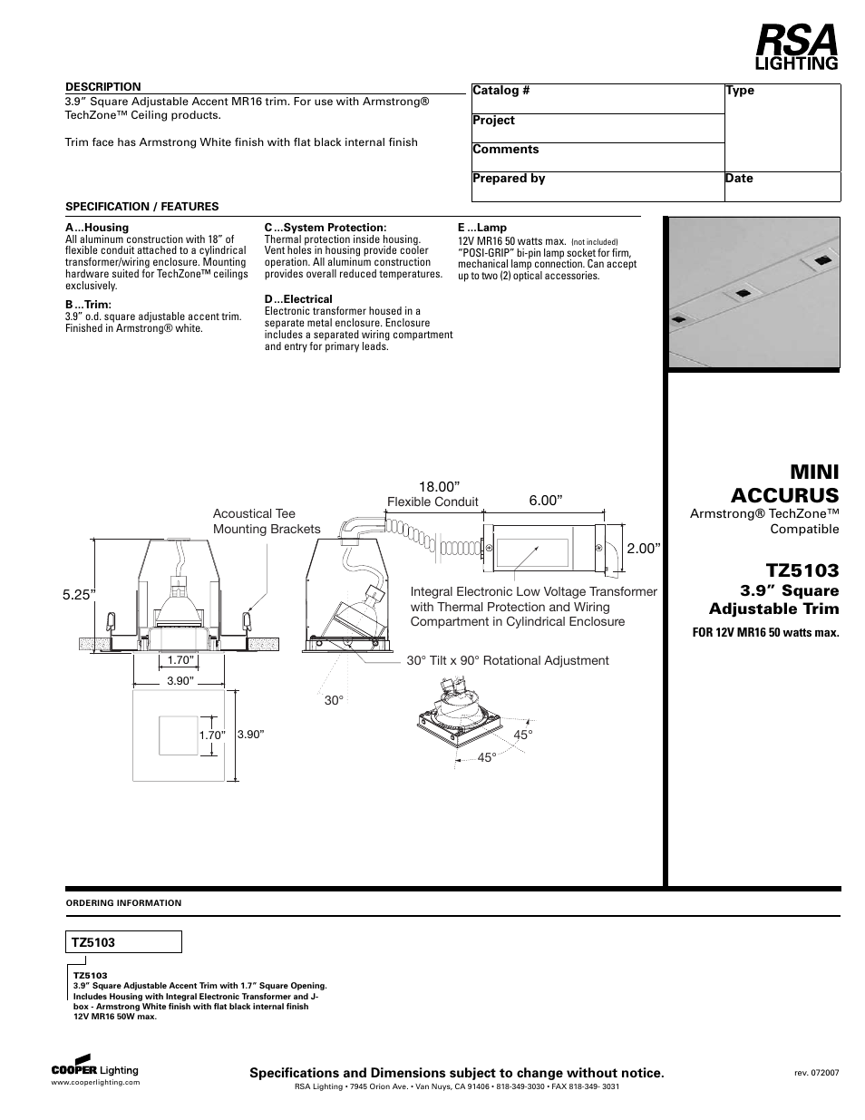 Cooper Lighting TZ5103 User Manual | 1 page