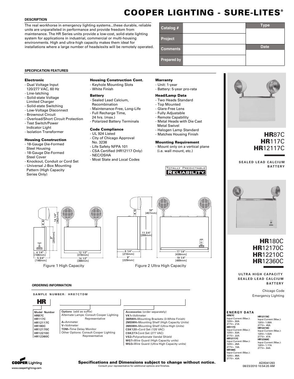 Cooper Lighting SURE-LITES HR87C User Manual | 2 pages