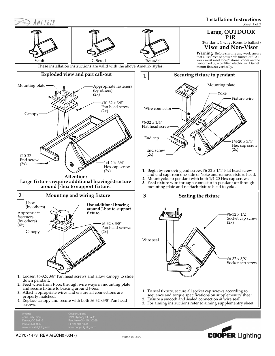 Cooper Lighting Visor and Non-Visor ADY071473 User Manual | 3 pages