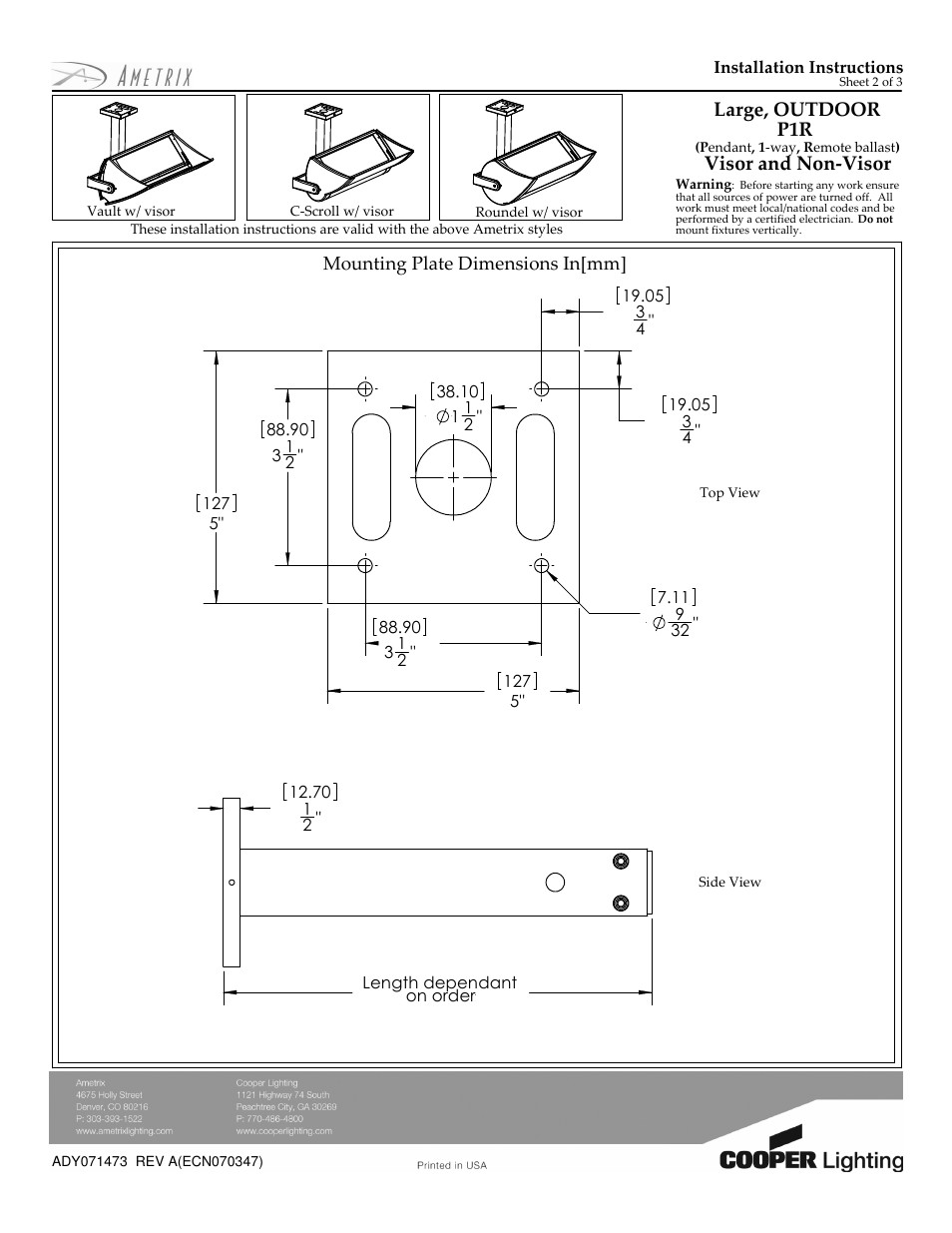 Large, outdoor p1r, Visor and non-visor | Cooper Lighting Visor and Non-Visor ADY071473 User Manual | Page 2 / 3