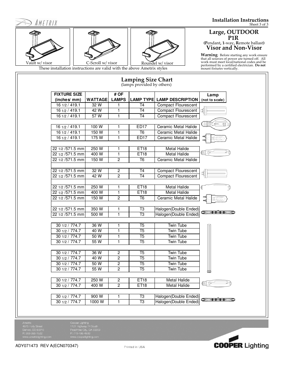 Large, outdoor p1r, Visor and non-visor, Lamping size chart | Cooper Lighting Visor and Non-Visor ADY071473 User Manual | Page 3 / 3