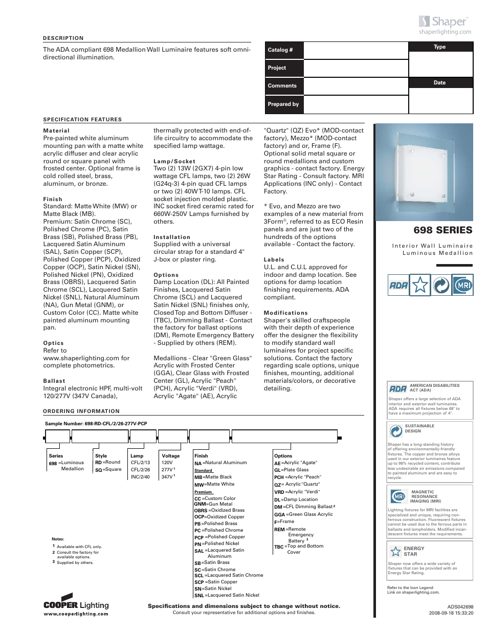Cooper Lighting 698 Series User Manual | 2 pages