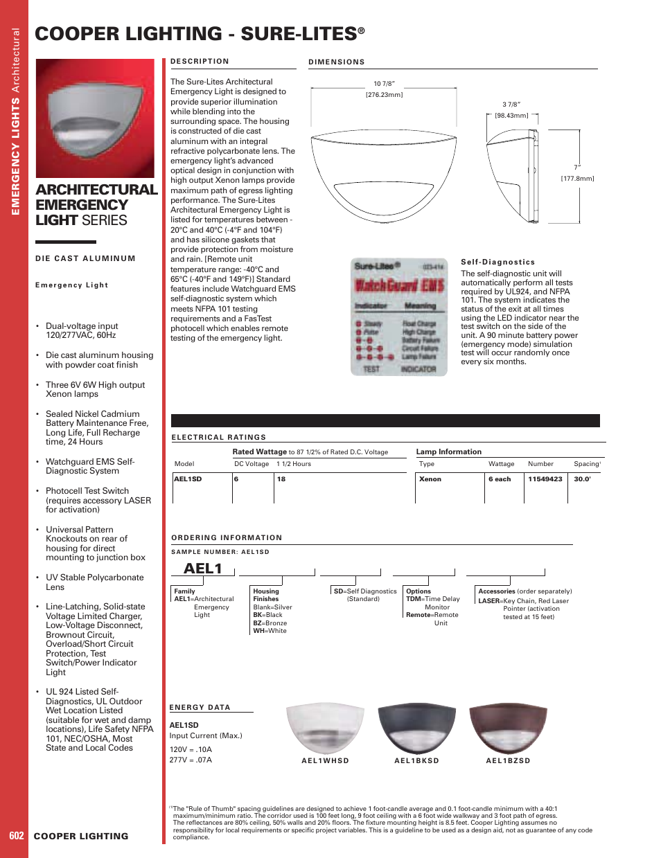 Cooper Lighting Sure Lites AEL1SD User Manual | 1 page